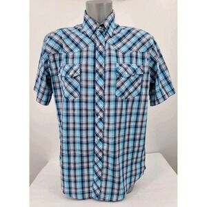 Wrangler Wrancher Pearl Snap Short Sleeve Blue Plaid Men's Size Large Western